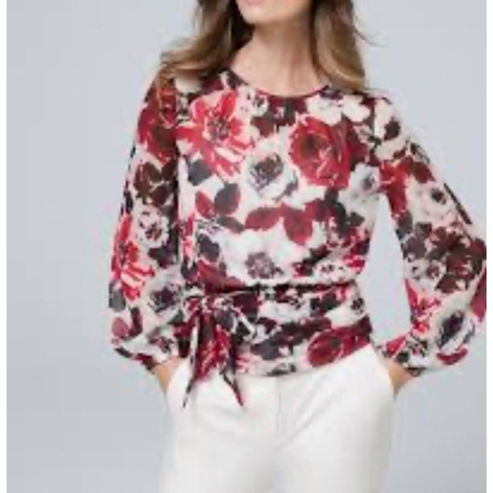 WHBM Top 6 Smocked Red Black White Floral Belted Long Sleeve Washable